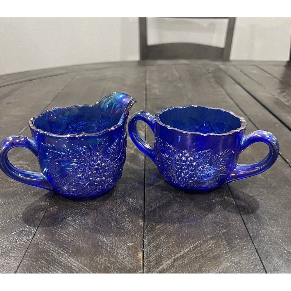 L E Smith Carnival Glass Sugar & Creamer Cobalt Blue‎ Grape Scalloped Rare